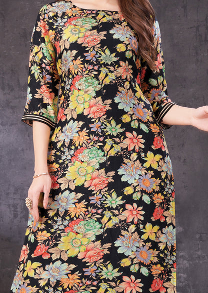 Black Digital Printed Silk Straight Cut Kurti
