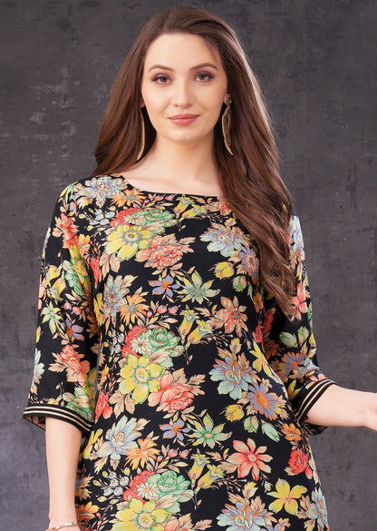 Black Digital Printed Silk Straight Cut Kurti