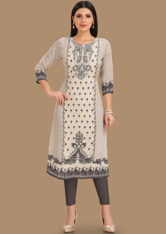Cream & Black Crepe Straight Cut Kurti