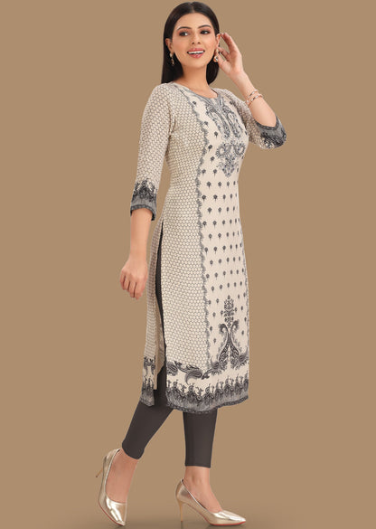 Cream & Black Crepe Straight Cut Kurti
