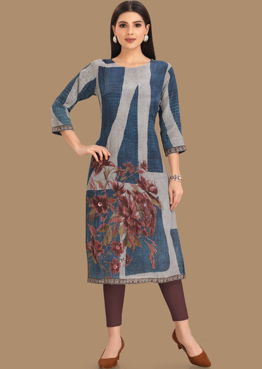 Blue & Grey Crepe Kurti Straight Cut