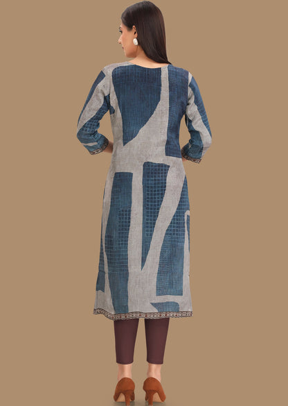 Blue & Grey Crepe Kurti Straight Cut
