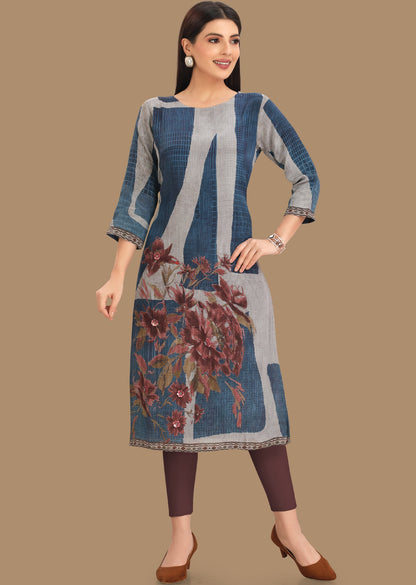 Blue & Grey Crepe Kurti Straight Cut