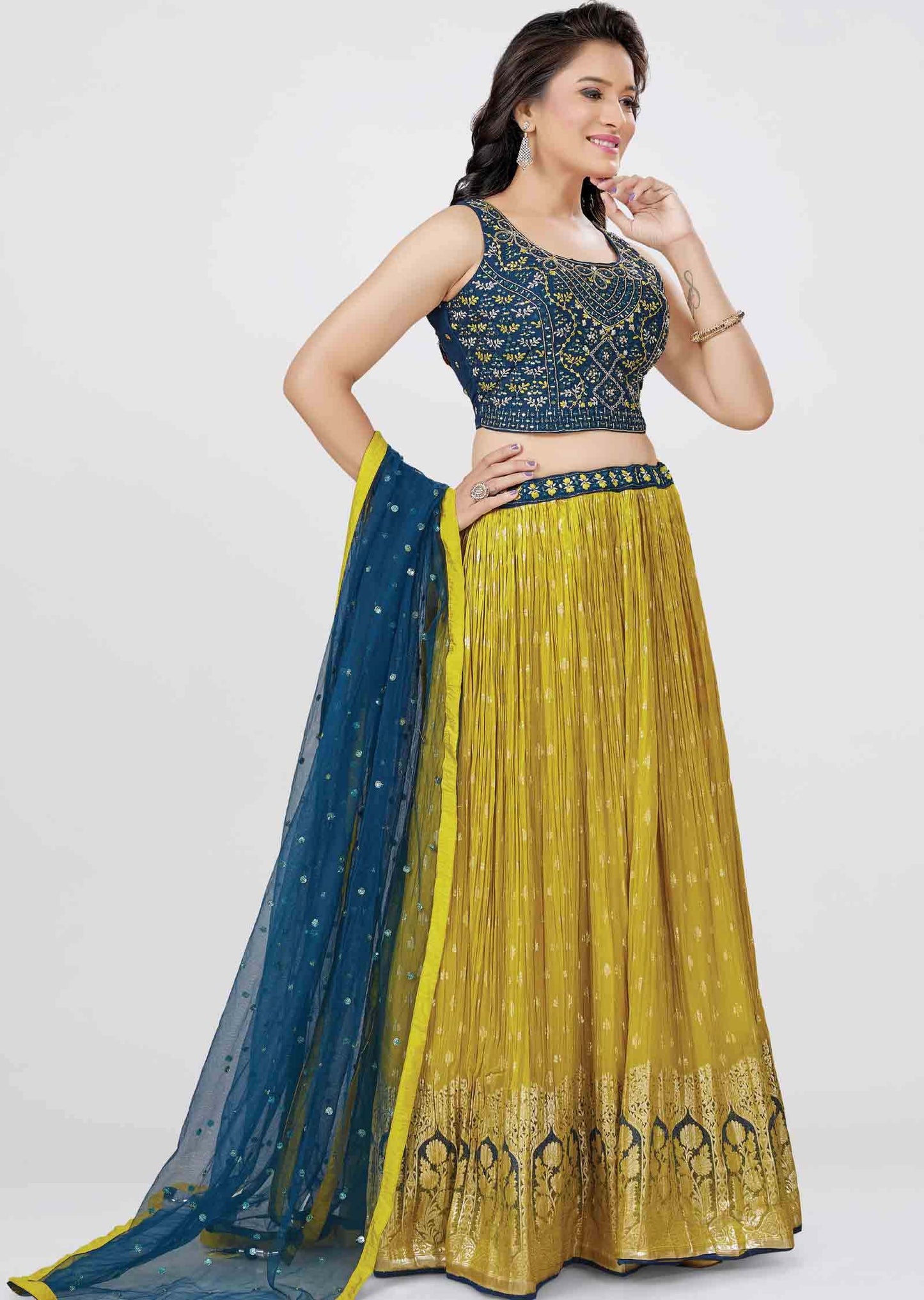 Teal Blue Silk Mirror work lehenga