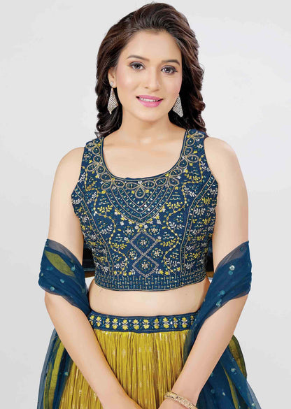 Teal Blue Silk Mirror work lehenga
