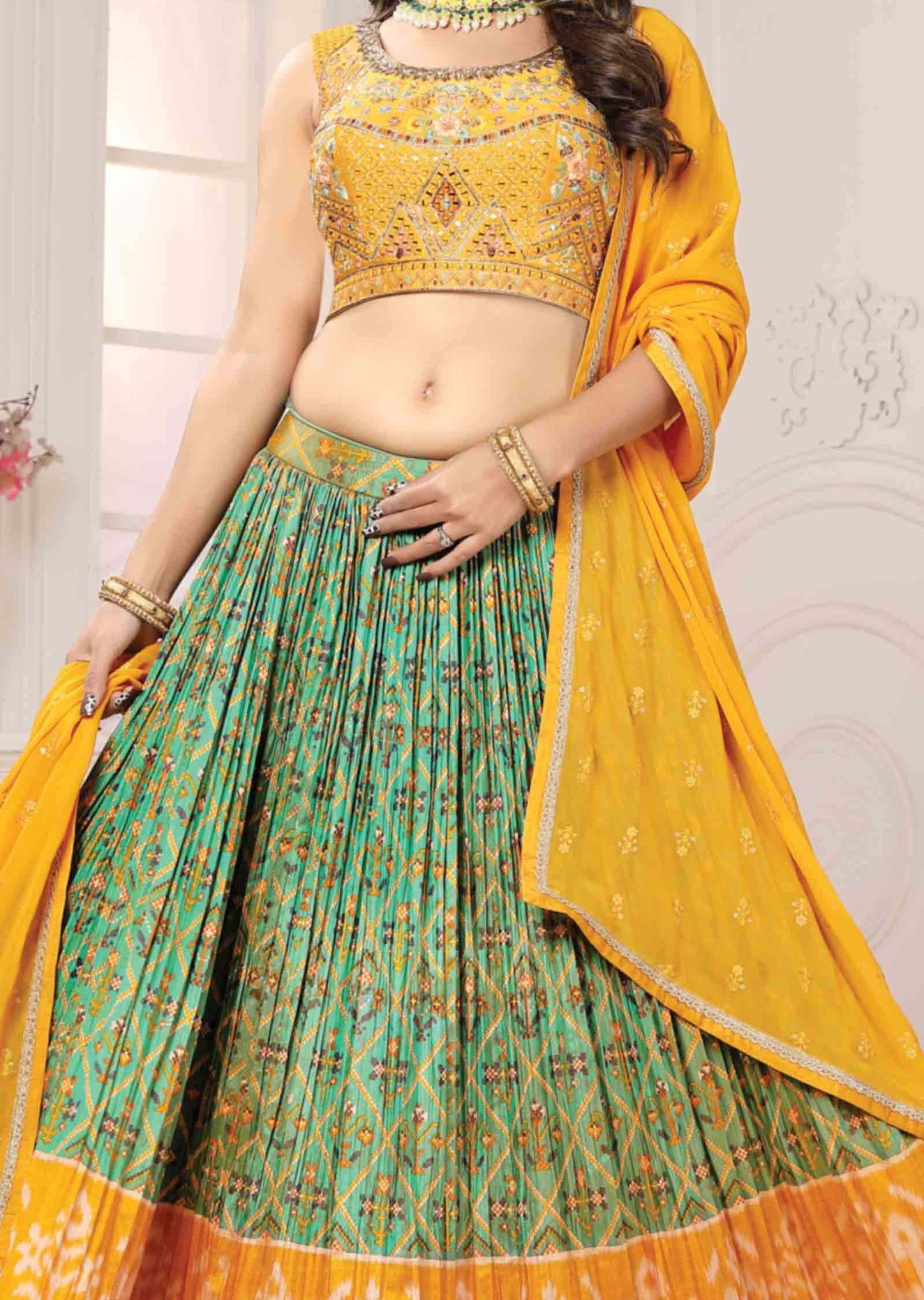 Yellow & Dusty Green Silk Zardosi & Embroidered lehenga