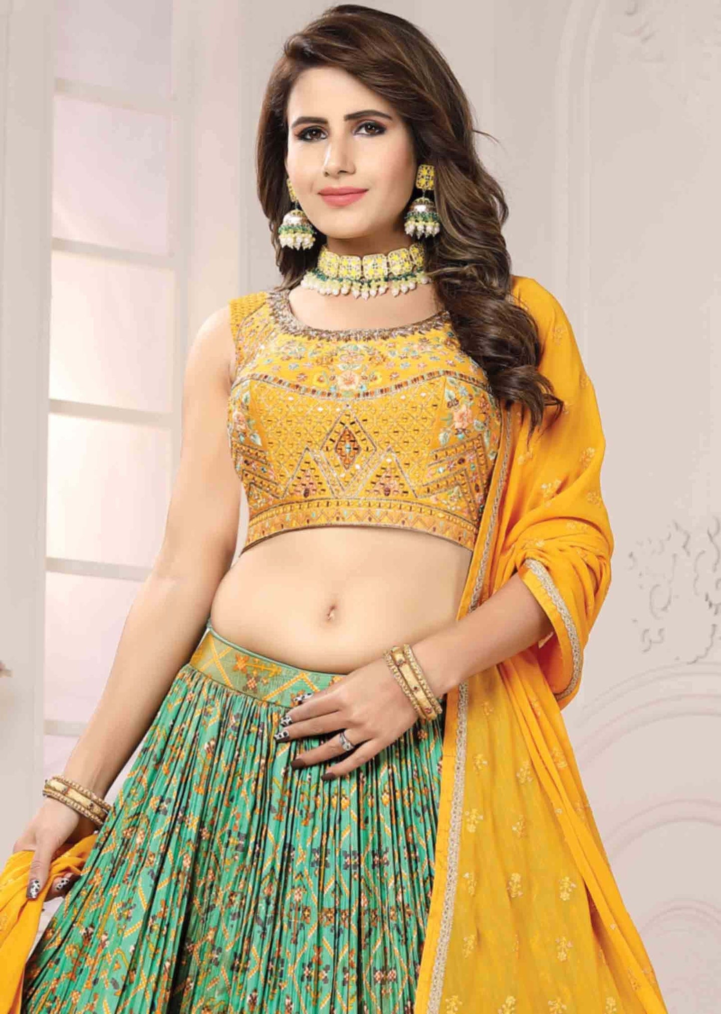Yellow & Dusty Green Silk Zardosi & Embroidered lehenga