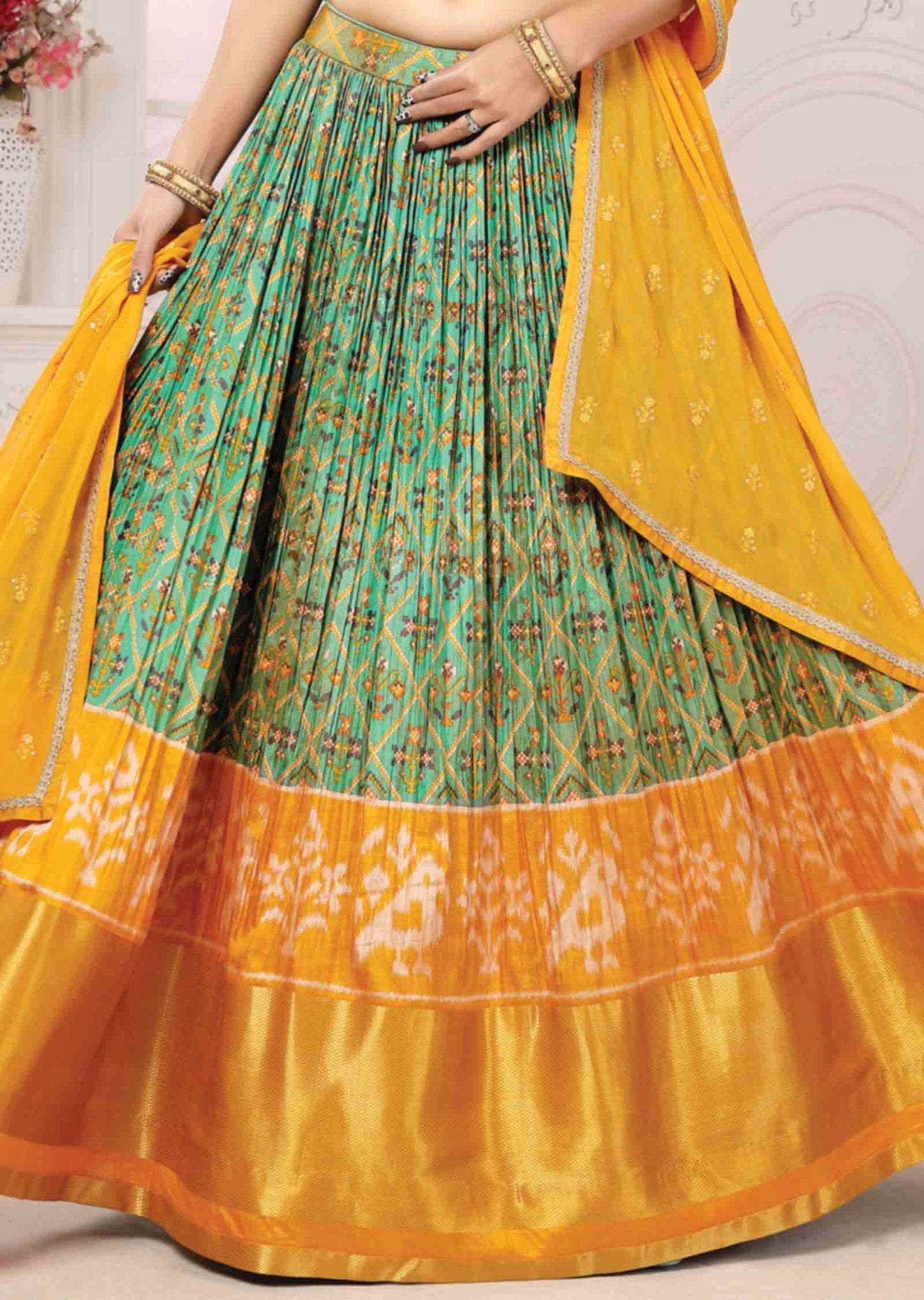 Yellow & Dusty Green Silk Zardosi & Embroidered lehenga