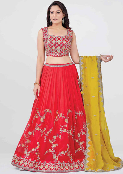 Tomato Red Georgette Embroidered lehenga