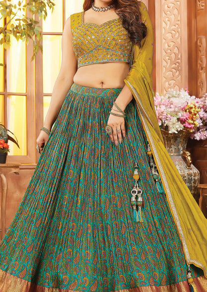 Mustard & Green Silk Embroidered lehenga