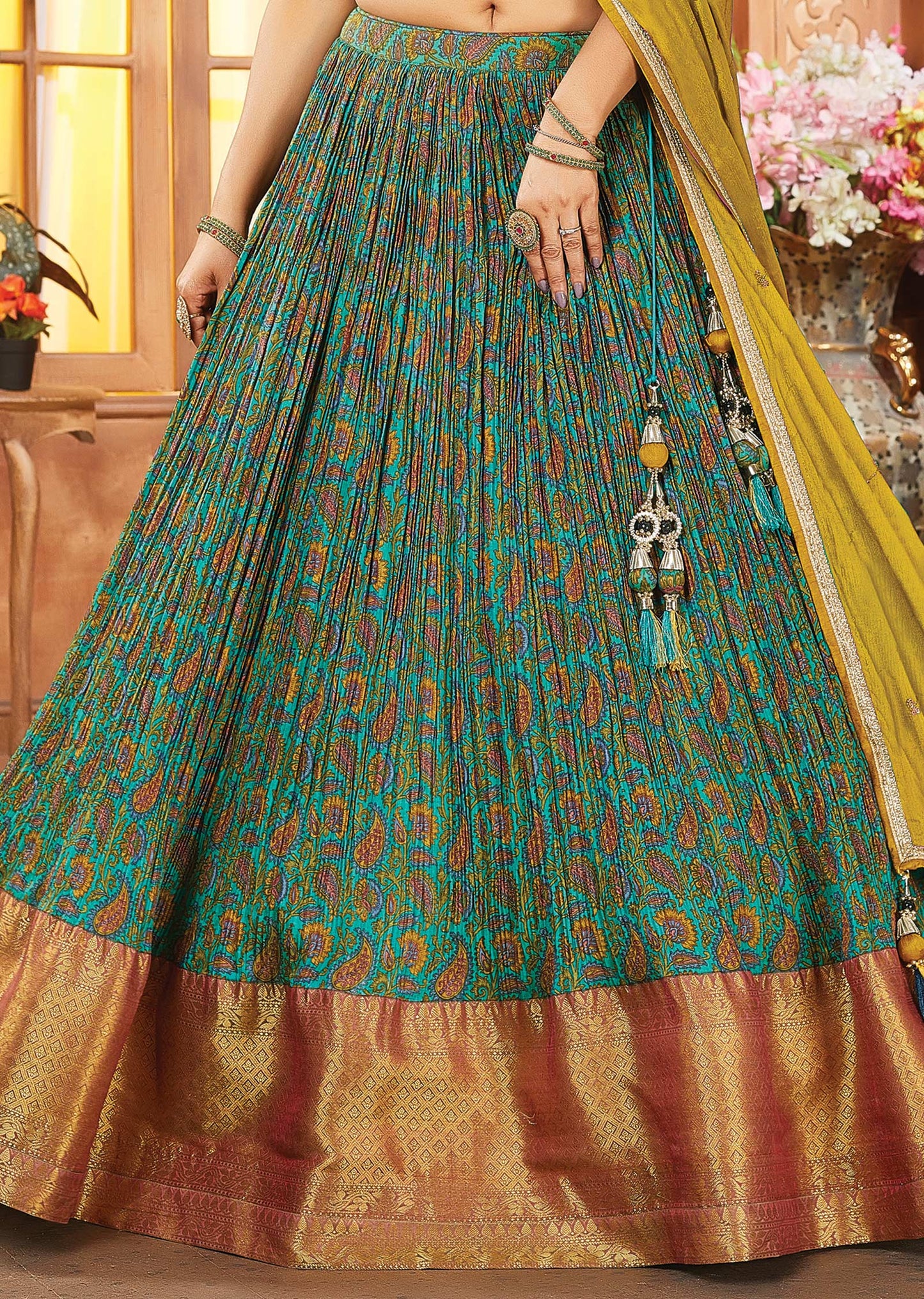 Mustard & Green Silk Embroidered lehenga