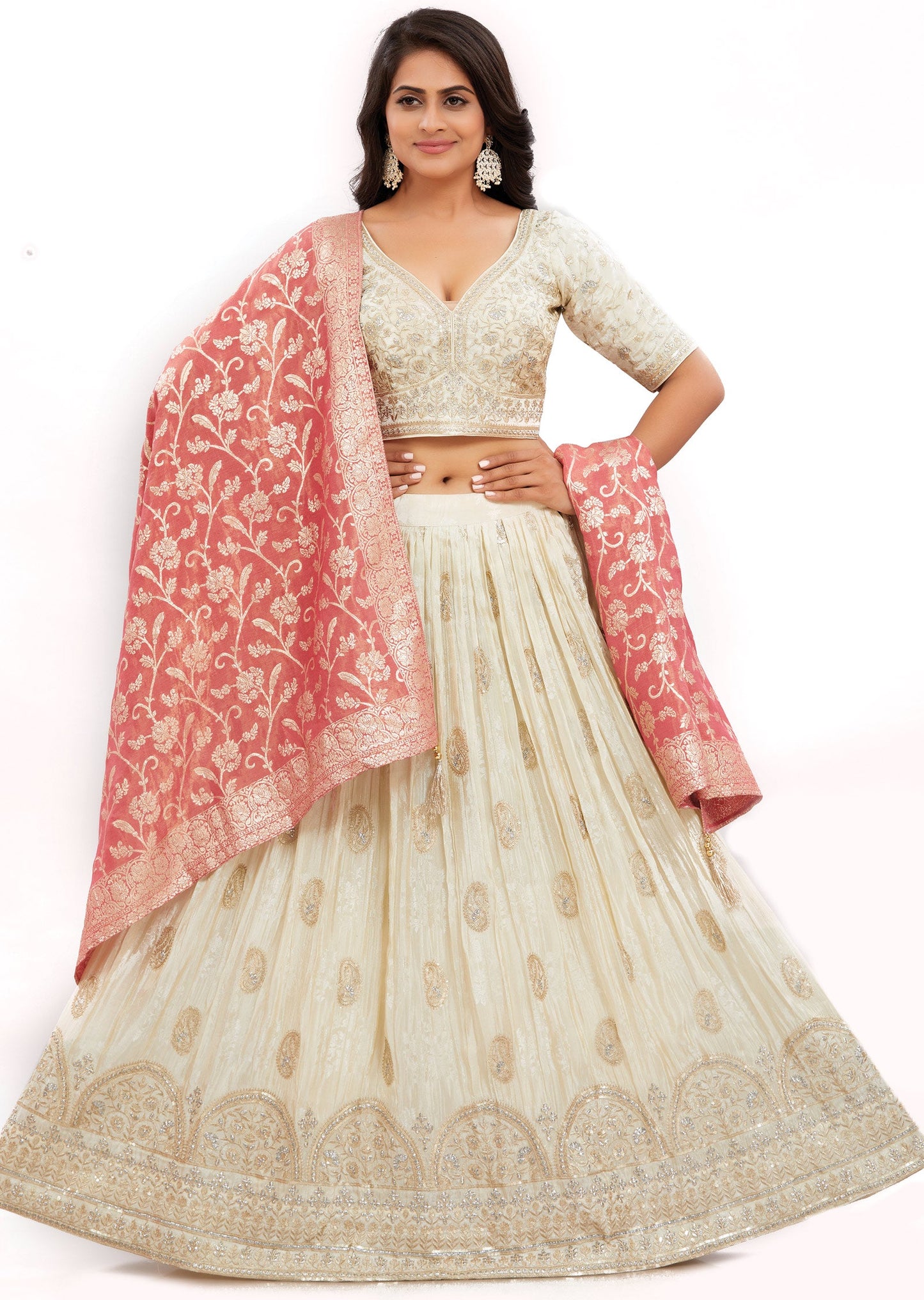 Cream Banaras Tissue Silk Lehenga Set