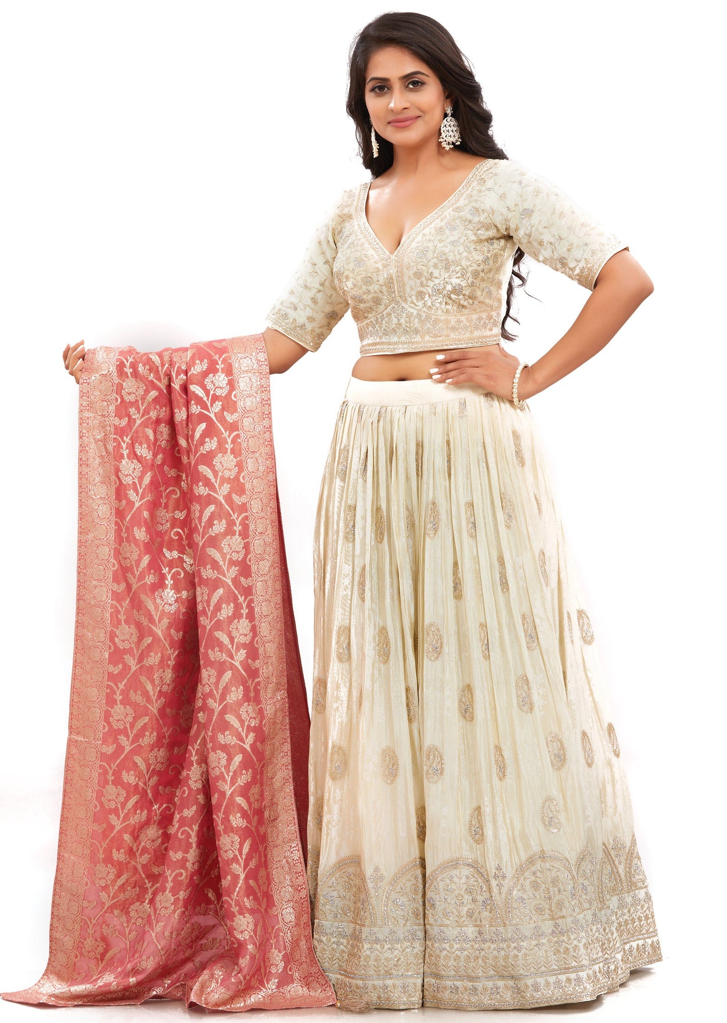 Cream Banaras Tissue Silk Lehenga Set