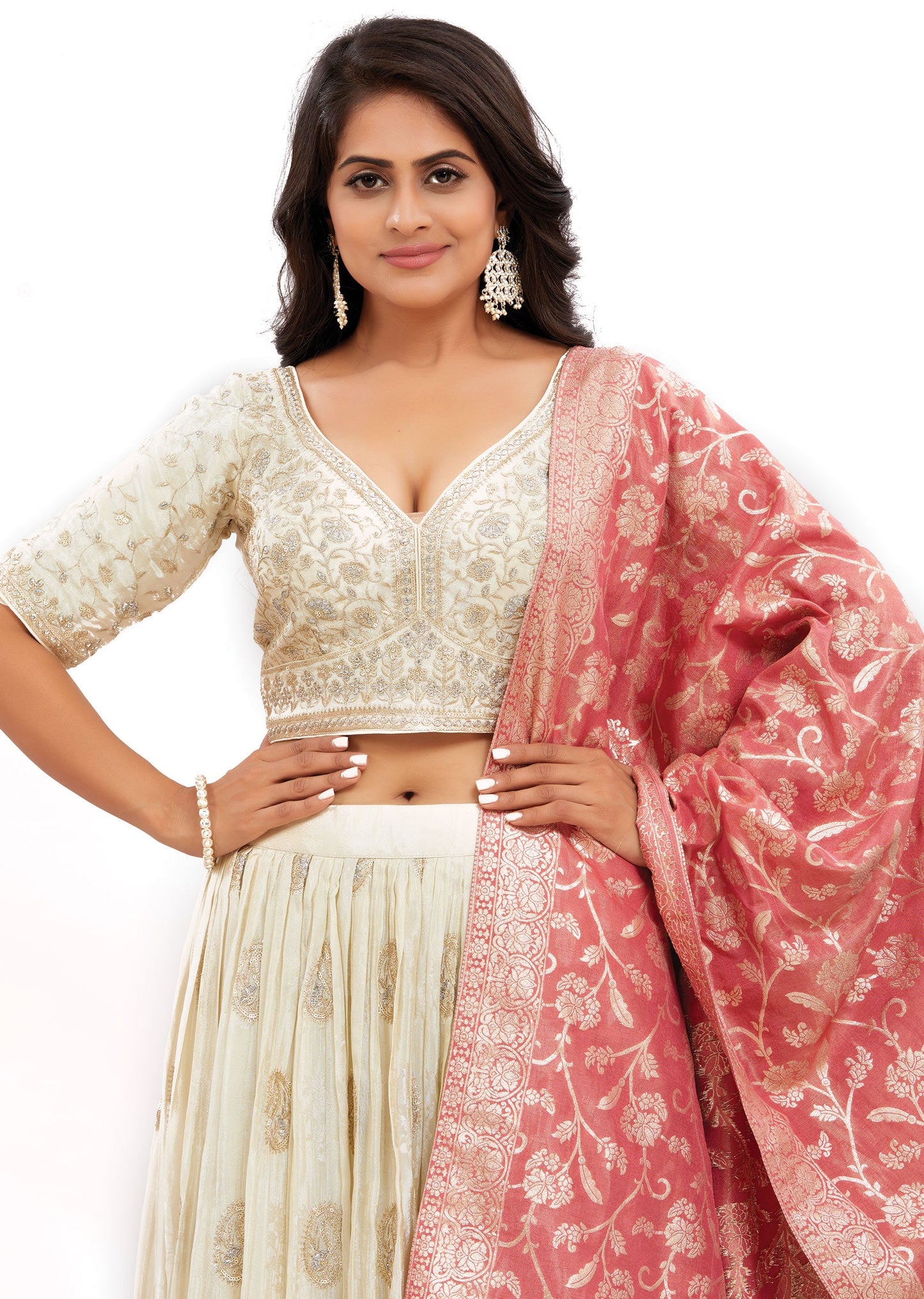 Cream Banaras Tissue Silk Lehenga Set