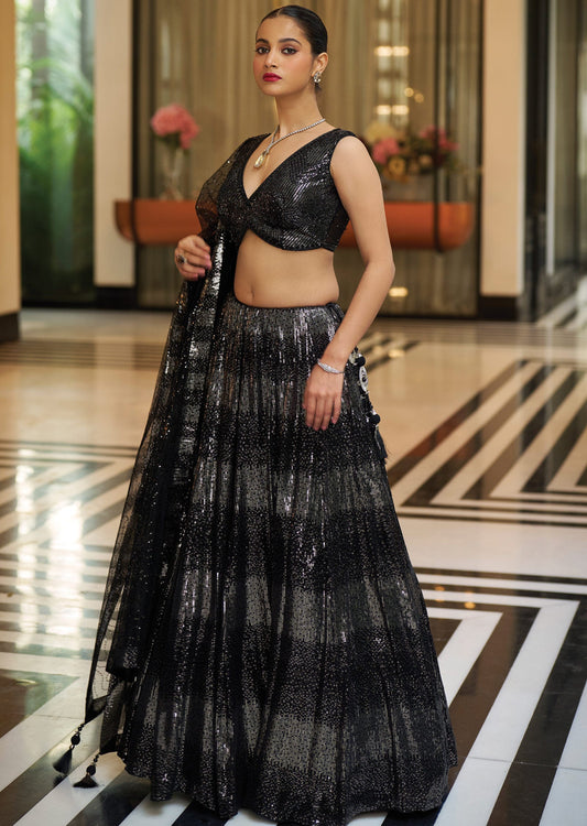Black Net Georgette Lehenga Set