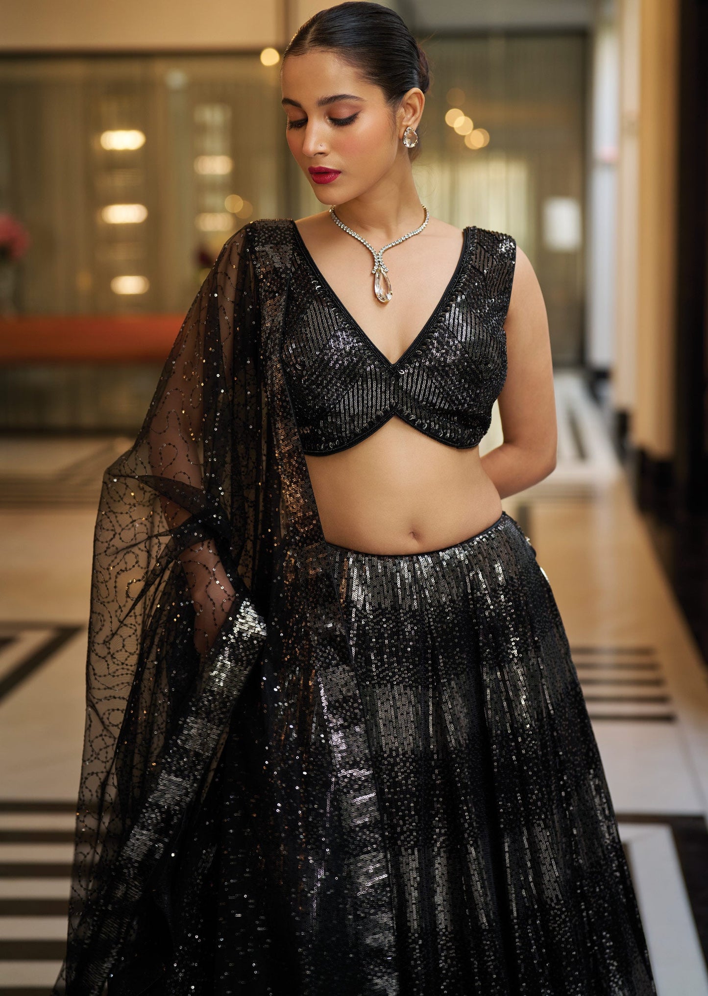 Black Net Georgette Lehenga Set