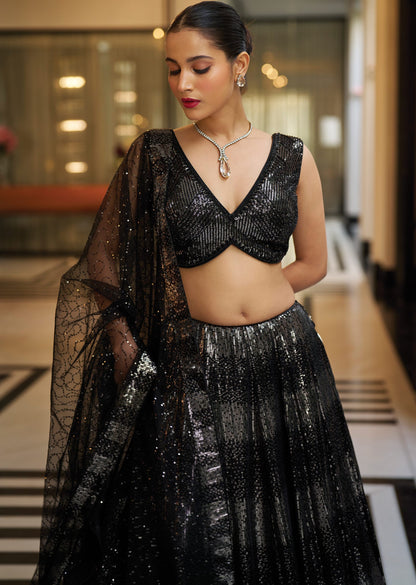 Black Net Georgette Lehenga Set