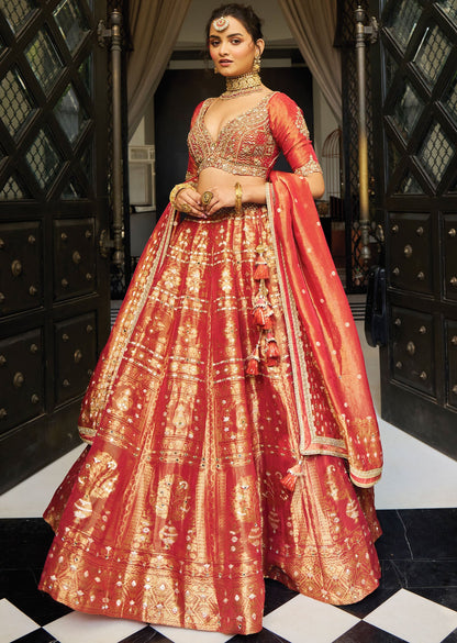 Rust Banarasi Tissue Silk Lehenga Set