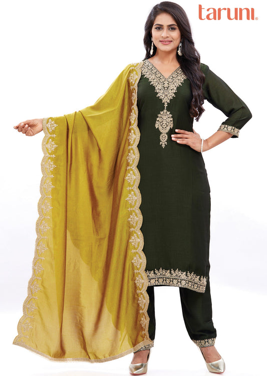 Dark Olive Green Silk Kurti with Dori & Sequence Work
