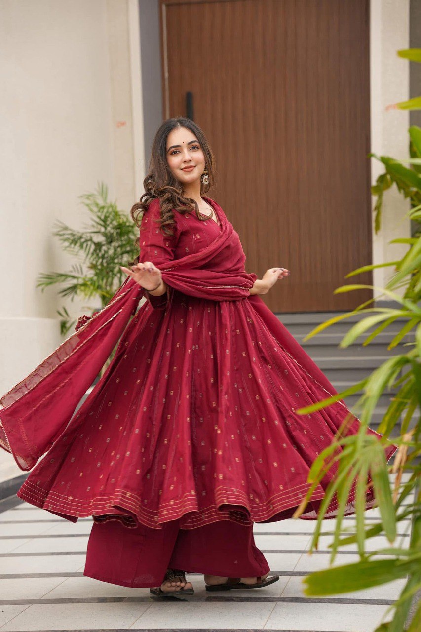 SARJINA MAROON COLOUR MASLIN ANARKALI SUIT SET