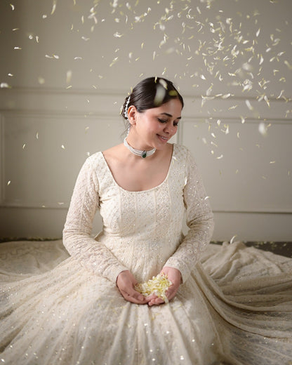 LAKHNAWI WHITE EMBROIDERED GEORGETTE ANARKALI SUIT SET