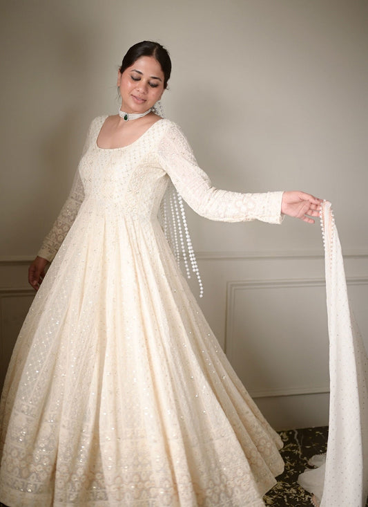 LAKHNAWI WHITE EMBROIDERED GEORGETTE ANARKALI SUIT SET